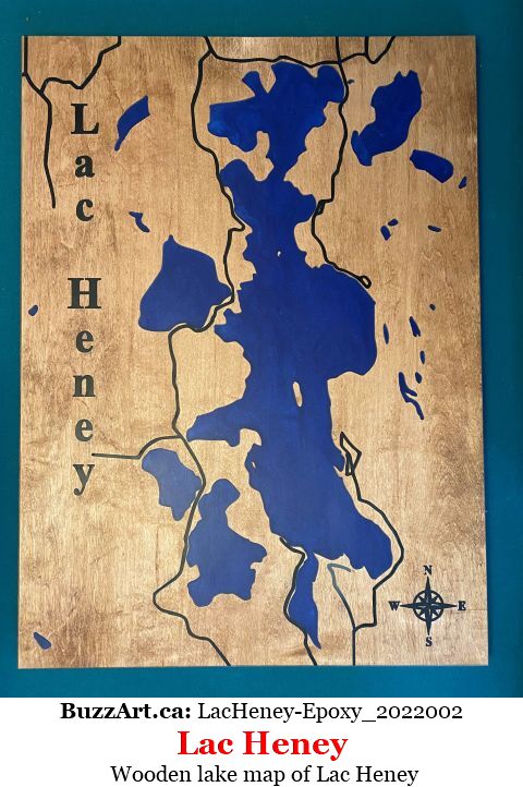 Wooden lake map of Lac Heney